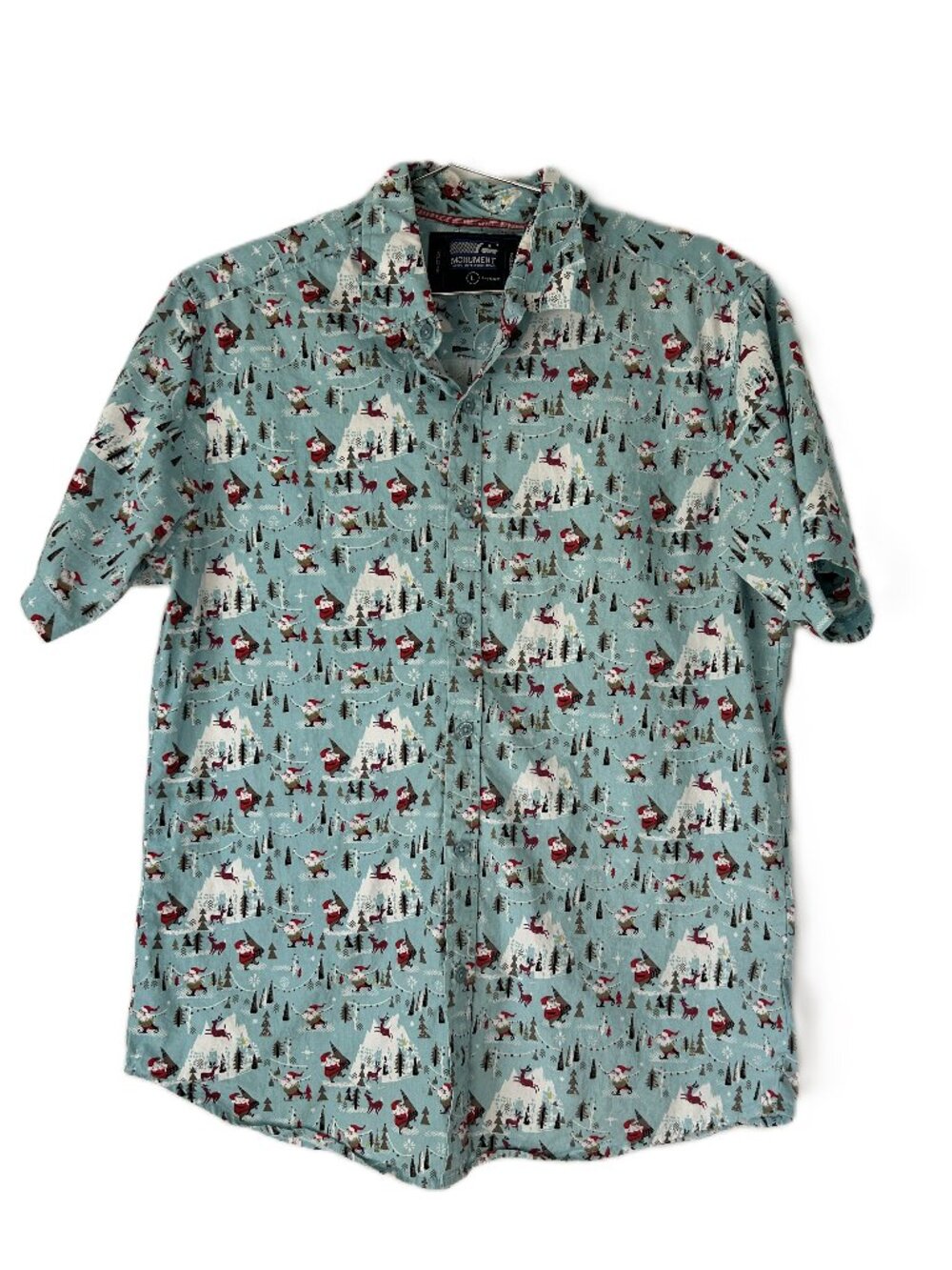 Monument Santa Reindeer Print Button Up Shirt Blue L